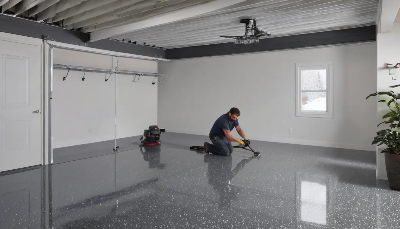 A freshly coated polyaspartic garage floor with a flake finish in a Marlborough home